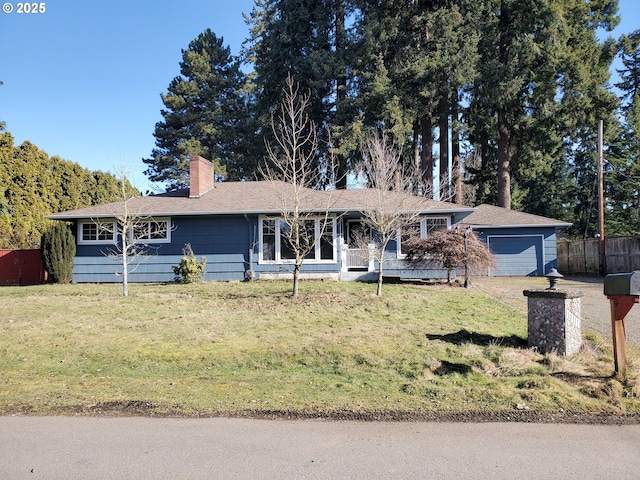 ranch-style house with an attached garage, an outdoor structure, fence, a front lawn, and a chimney