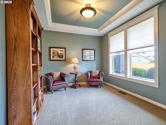 sitting room featuring a raised ceiling, carpet flooring, and ornamental molding