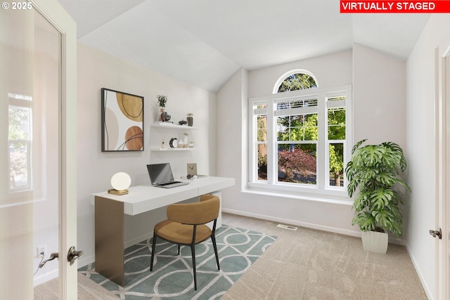 16273 Barlow Dr, Oregon City, OR 97045 - carpeted home office featuring vaulted ceiling and baseboards