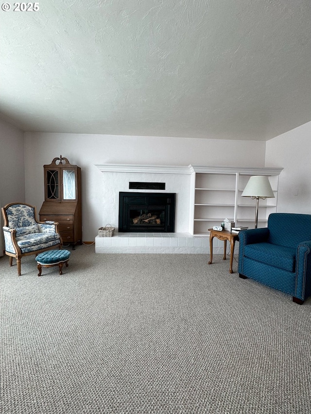 sitting room featuring carpet flooring, a fireplace with raised hearth, and a textured ceiling