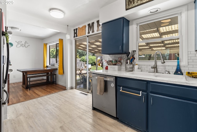 2408 N College St, Newberg, OR 97132 - kitchen with blue cabinets, stainless steel dishwasher, a sink, and decorative backsplash