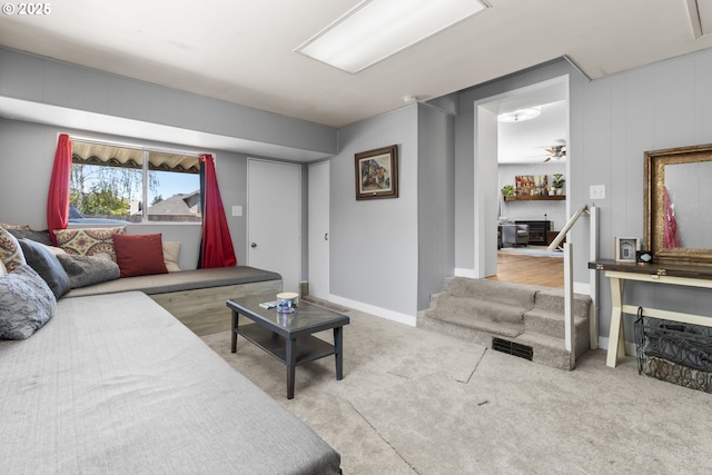 2408 N College St, Newberg, OR 97132 - carpeted living room featuring a ceiling fan and baseboards