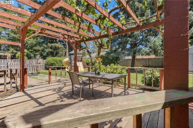 2408 N College St, Newberg, OR 97132 - wooden deck featuring outdoor dining area, a fenced backyard, and a pergola
