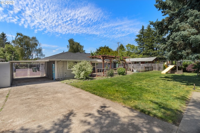 2408 N College St, Newberg, OR 97132 - view of front of property featuring a playground, driveway, a gate, a carport, and a pergola