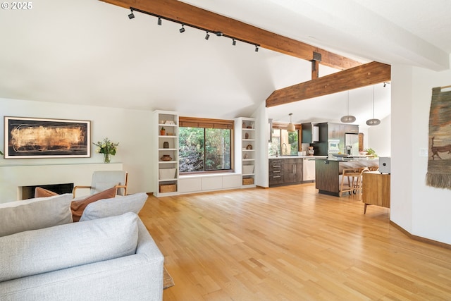 511 SW Colony Dr, Portland, OR 97219 - living area featuring rail lighting, a fireplace, and light wood-style flooring