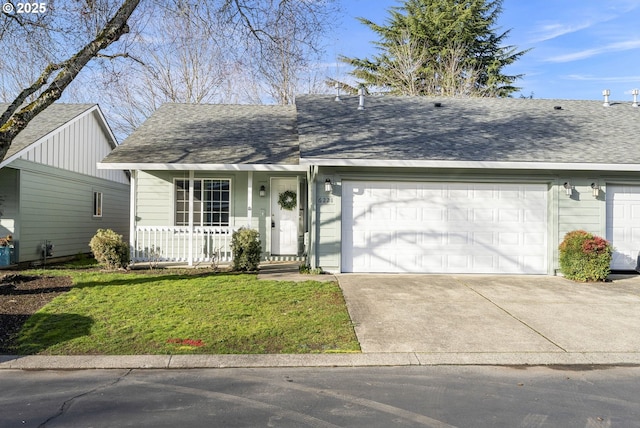 single story home featuring an attached garage, covered porch, a shingled roof, driveway, and a front lawn