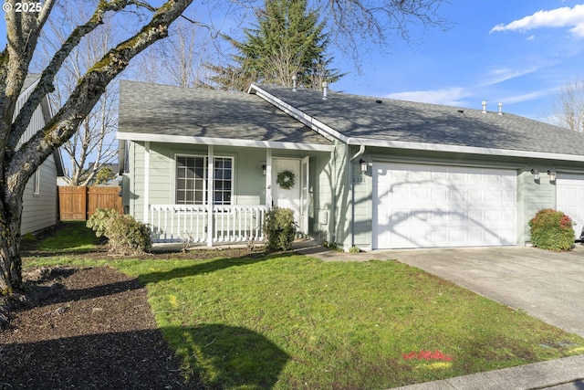 ranch-style house with concrete driveway, roof with shingles, an attached garage, covered porch, and fence