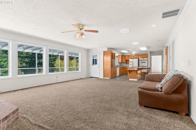 18183 SE Richey Rd, Gresham, OR 97080 - living room with light carpet, a textured ceiling, recessed lighting, and a ceiling fan