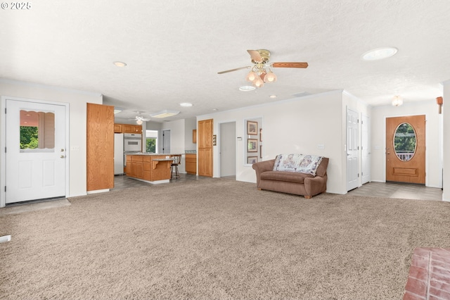 18183 SE Richey Rd, Gresham, OR 97080 - living area with ceiling fan, ornamental molding, carpet flooring, and recessed lighting