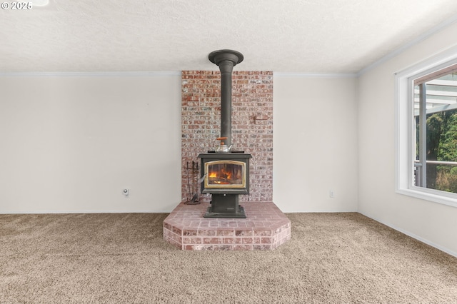 18183 SE Richey Rd, Gresham, OR 97080 - detailed view of carpet flooring, a wood stove, crown molding, and a textured ceiling