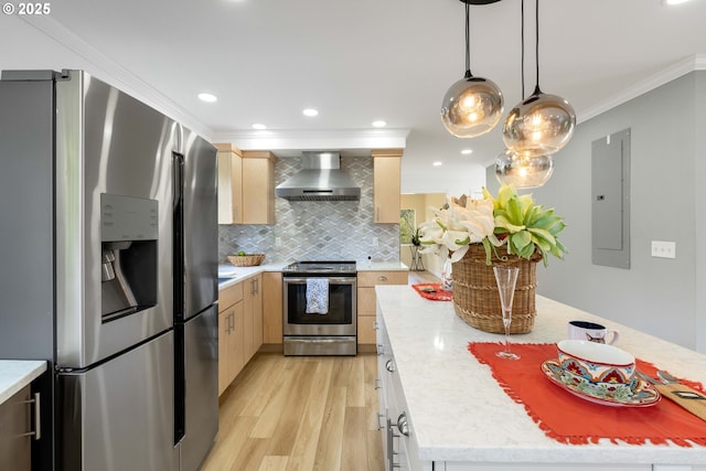 66599 Quail Rd, North Bend, OR 97459 - kitchen featuring stainless steel appliances, wall chimney range hood, light brown cabinets, crown molding, and light wood-type flooring