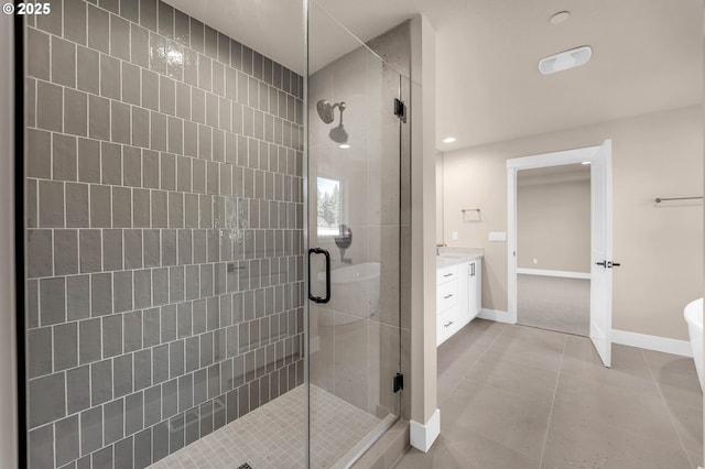 5602 N 93rd Ave Unit Lt205, Camas, WA 98607 - bathroom featuring a stall shower, vanity, tile patterned floors, and recessed lighting