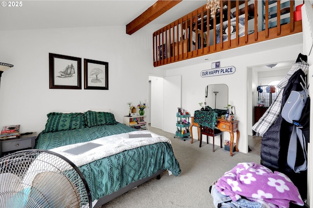 carpeted bedroom with high vaulted ceiling and beam ceiling