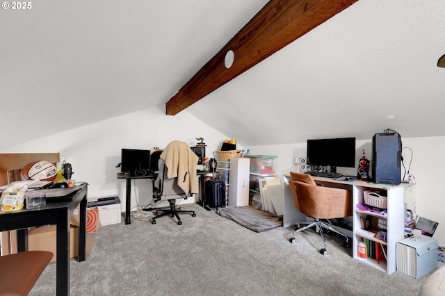 office area featuring lofted ceiling with beams and light colored carpet