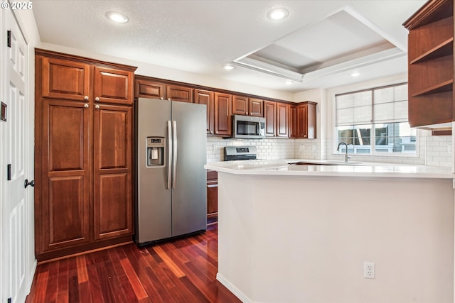 kitchen featuring stainless steel appliances, a tray ceiling, sink, dark hardwood / wood-style floors, and decorative backsplash