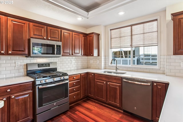 kitchen featuring dark hardwood / wood-style flooring, sink, a tray ceiling, tasteful backsplash, and appliances with stainless steel finishes