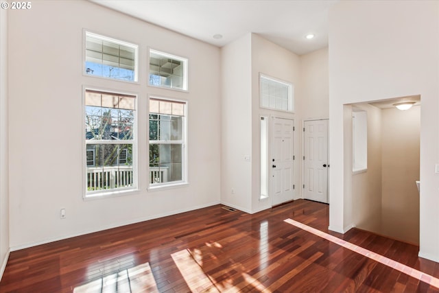 foyer entrance featuring a high ceiling and dark hardwood / wood-style floors