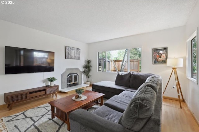 living area with baseboards, a textured ceiling, and light wood-style flooring
