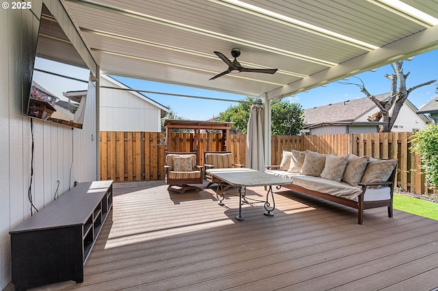 17006 SE 6th St, Vancouver, WA 98684 - wooden deck with an outdoor living space, a fenced backyard, and a ceiling fan