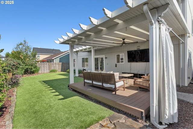 17006 SE 6th St, Vancouver, WA 98684 - view of yard with a wooden deck, an outdoor hangout area, a ceiling fan, and a pergola