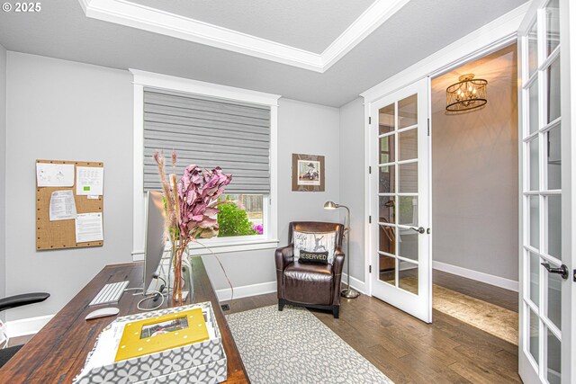 15928 Stables Pl, Oregon City, OR 97045 - office featuring baseboards, an inviting chandelier, french doors, and wood finished floors