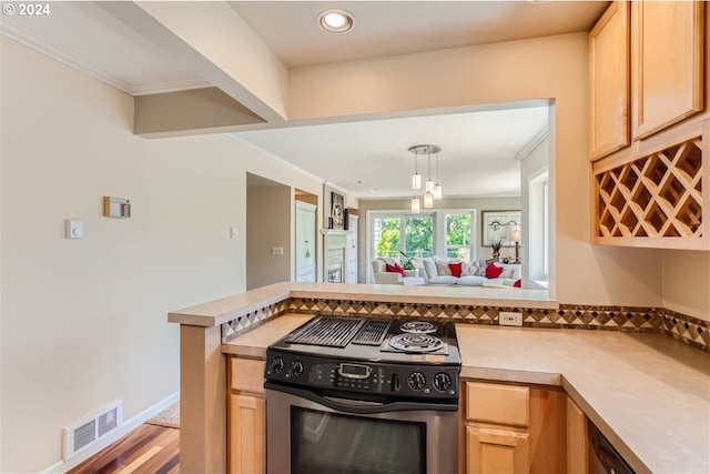 kitchen featuring electric stove, crown molding, and light brown cabinets