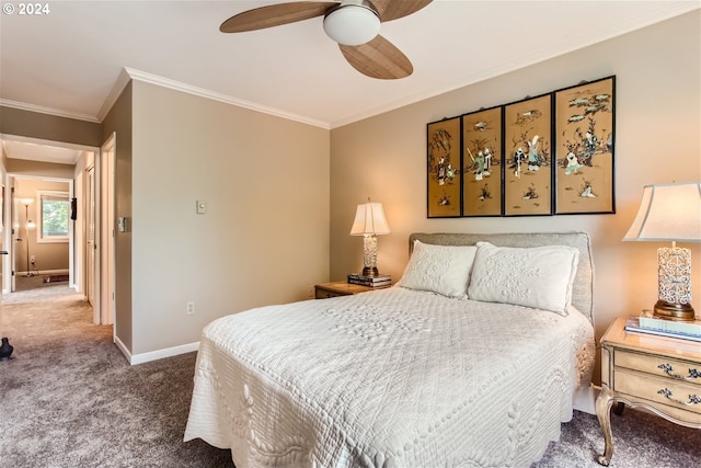 bedroom with carpet floors, ceiling fan, and ornamental molding