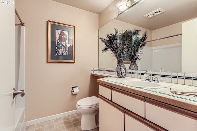 full bathroom with shower / bathing tub combination, vanity, and toilet