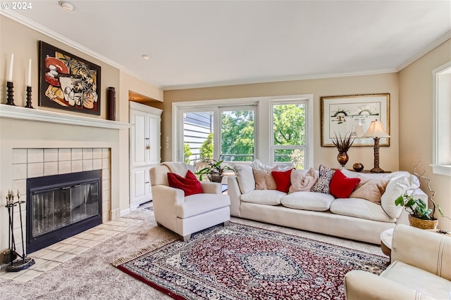 carpeted living room featuring crown molding and a fireplace