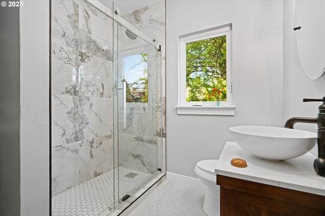 1605 SE 46th Ave, Portland, OR 97215 - full bathroom with a marble finish shower, marble finish flooring, and vanity