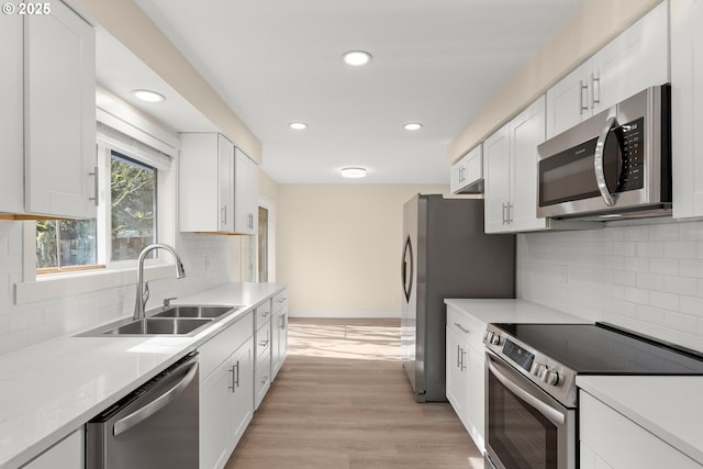 kitchen featuring appliances with stainless steel finishes, white cabinetry, a sink, light wood-type flooring, and baseboards