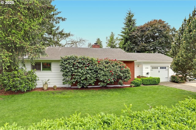 8730 SW Barnes Rd, Portland, OR 97225 - view of front of property featuring a garage, concrete driveway, a chimney, and a front lawn