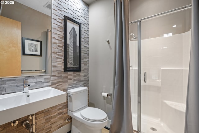 10155 SW Morrison St, Portland, OR 97225 - full bathroom with a stall shower, tile walls, and decorative backsplash