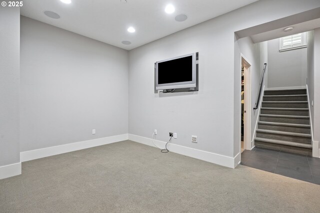 10155 SW Morrison St, Portland, OR 97225 - finished basement featuring carpet flooring, stairway, and recessed lighting