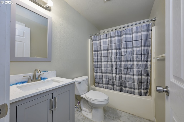 full bathroom with tile patterned flooring, vanity, toilet, and shower / bath combo with shower curtain