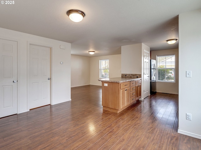 kitchen with a healthy amount of sunlight, dark wood-style floors, light countertops, and freestanding refrigerator