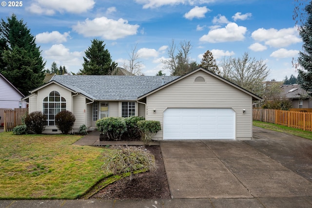 ranch-style house featuring a garage and a front lawn