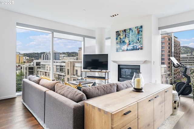 1075 NW Northrup St Unit 814, Portland, OR 97209 - living room featuring baseboards, a glass covered fireplace, and wood finished floors
