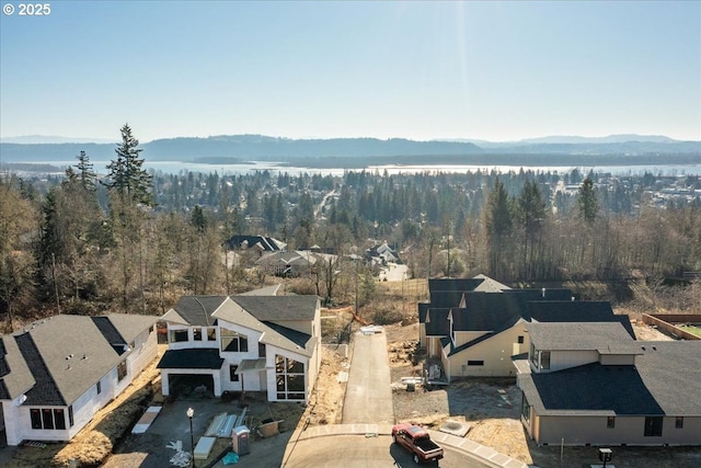 birds eye view of property featuring a mountain view and a view of trees