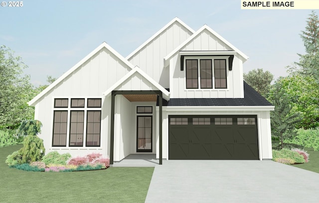 view of front of home featuring concrete driveway, board and batten siding, an attached garage, a front yard, and a shingled roof