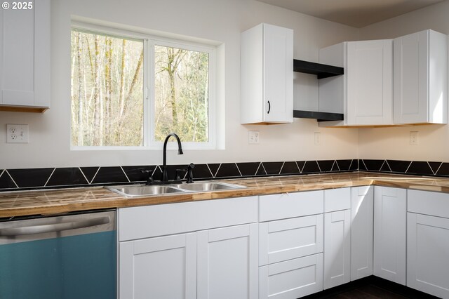 kitchen featuring butcher block counters, a sink, and dishwashing machine