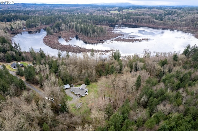 birds eye view of property featuring a water view and a view of trees