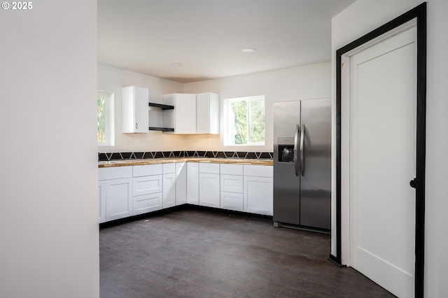 kitchen with white cabinets, open shelves, stainless steel refrigerator with ice dispenser, dark wood finished floors, and recessed lighting