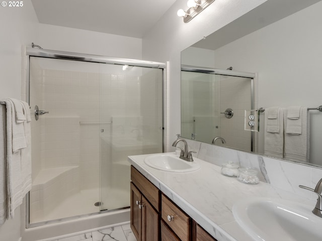 11656 SW Auklet Loop, Beaverton, OR 97007 - bathroom with a stall shower, double vanity, and marble finish floors