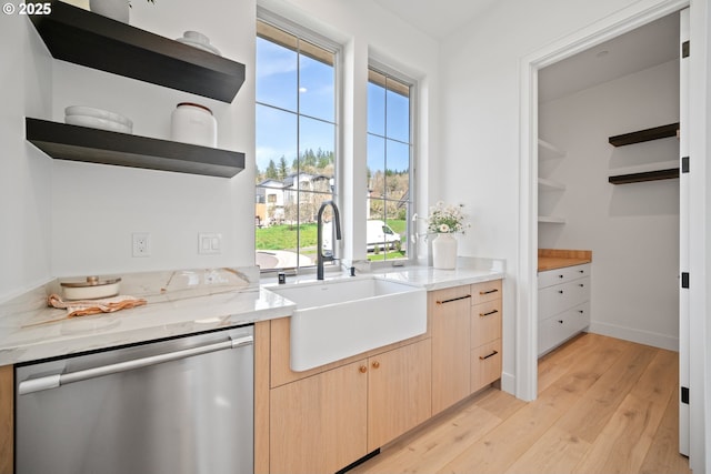 5100 S St, Washougal, WA 98671 - kitchen featuring stainless steel dishwasher, open shelves, a sink, and light brown cabinets