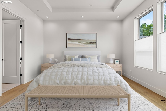 5100 S St, Washougal, WA 98671 - bedroom featuring recessed lighting, baseboards, light wood-type flooring, and a raised ceiling