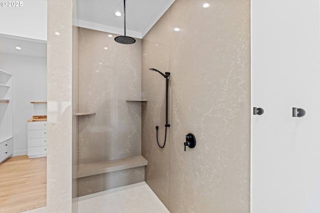 5100 S St, Washougal, WA 98671 - full bathroom featuring a walk in shower, recessed lighting, and wood finished floors