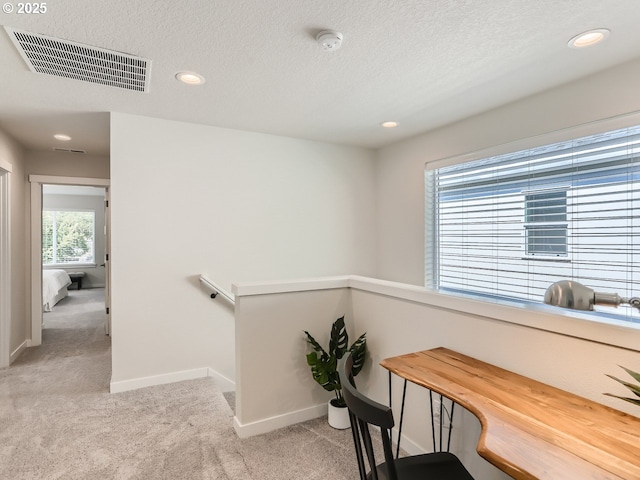 carpeted office with a textured ceiling