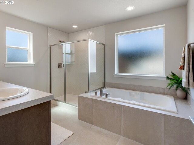13847 SW Sabrina Ave, Tigard, OR 97140 - full bathroom with a garden tub, a shower stall, tile patterned floors, recessed lighting, and vanity