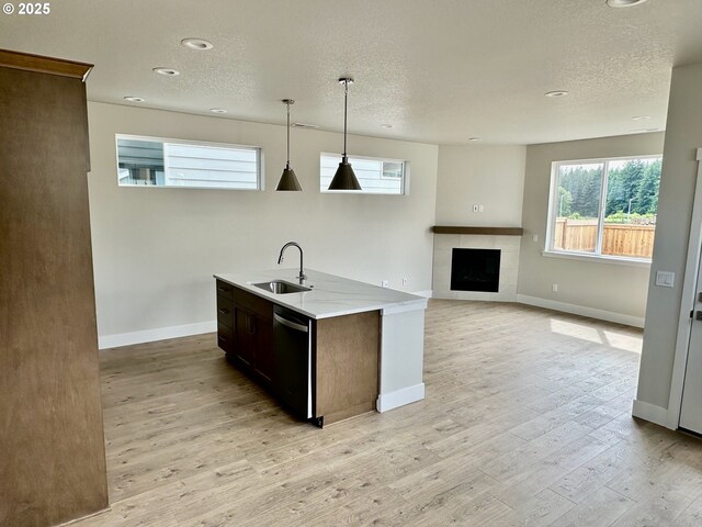 13847 SW Sabrina Ave, Tigard, OR 97140 - kitchen with a sink, dishwashing machine, a textured ceiling, light wood-style flooring, and baseboards